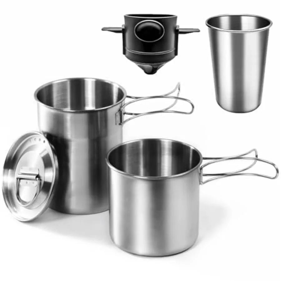 Foldable Camping Cups Mugs Camping Pot Cookware 304-Food-Grade Outdoor Camp Cooking Set with Vented lid, Stainless Steel Backpa
