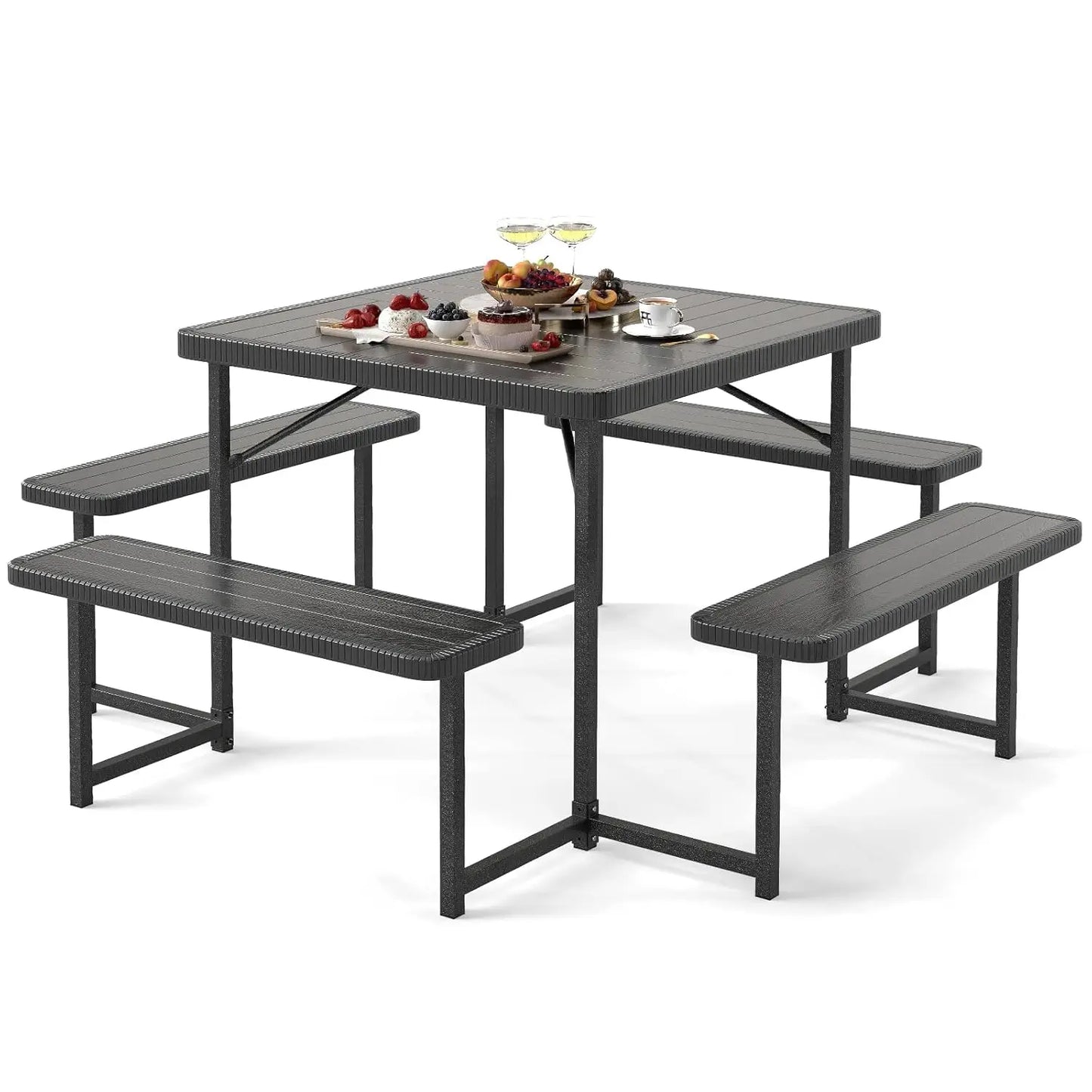 Picnic Table Bench Set for 4-8 People, 34" Outdoor Square Dining Table & 2 Benches W/Umbrella Hole, Customized