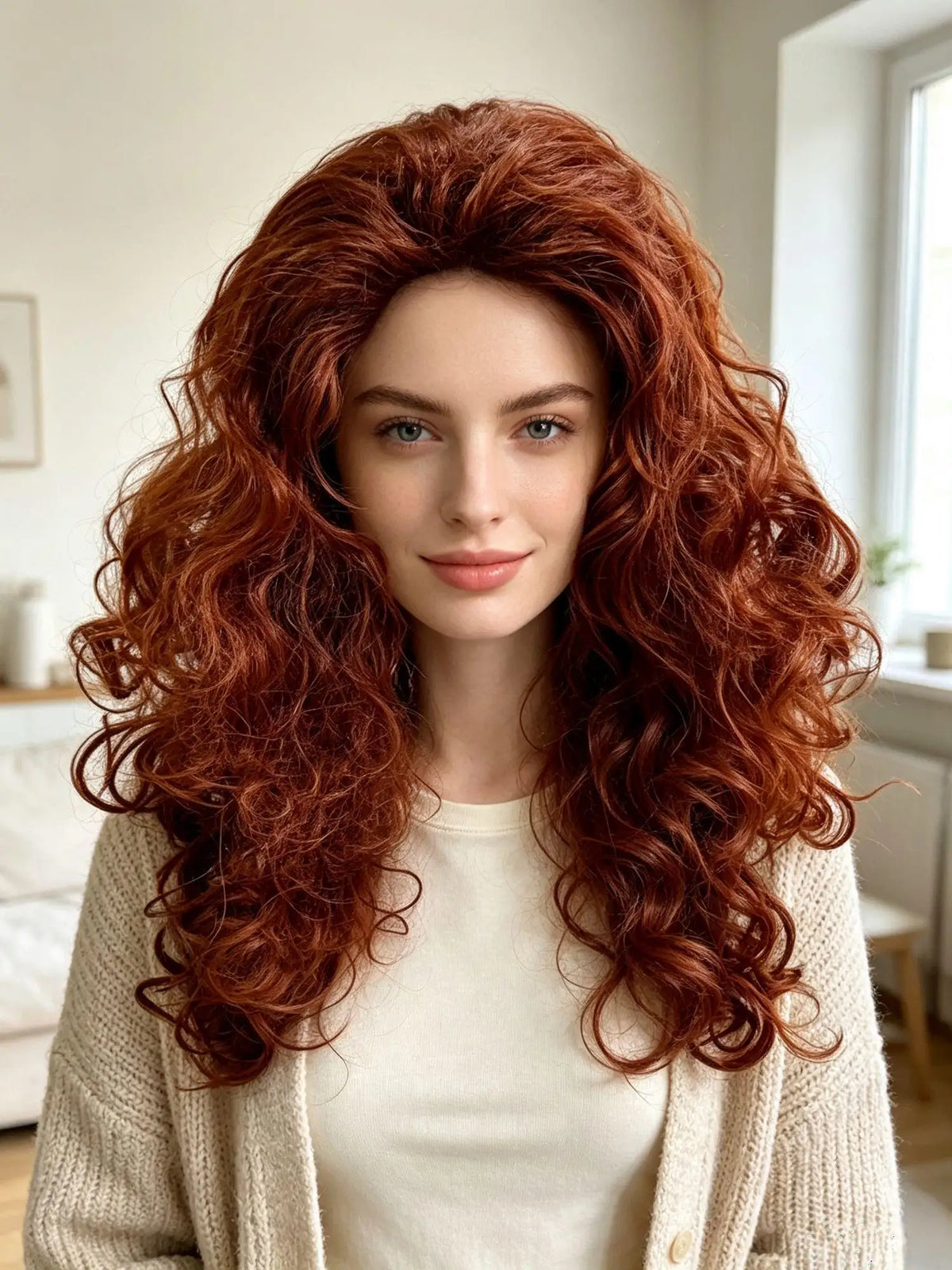 Red Brown Premium Synthetic Fiber Long Curly Wig Big Waves Fluffy Voluminous Thick Hair with Part Heat Resistant Adjustable Cap for Women Girls Cosplay Party Halloween Costume Role Play Stage Show Daily Use