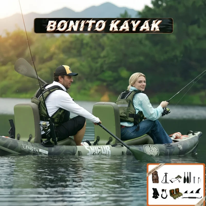2-Person Inflatable bonito kayak Complete 12'*41" *6" with Paddle & Rod Holders Adjustable Seats and Carry Handle