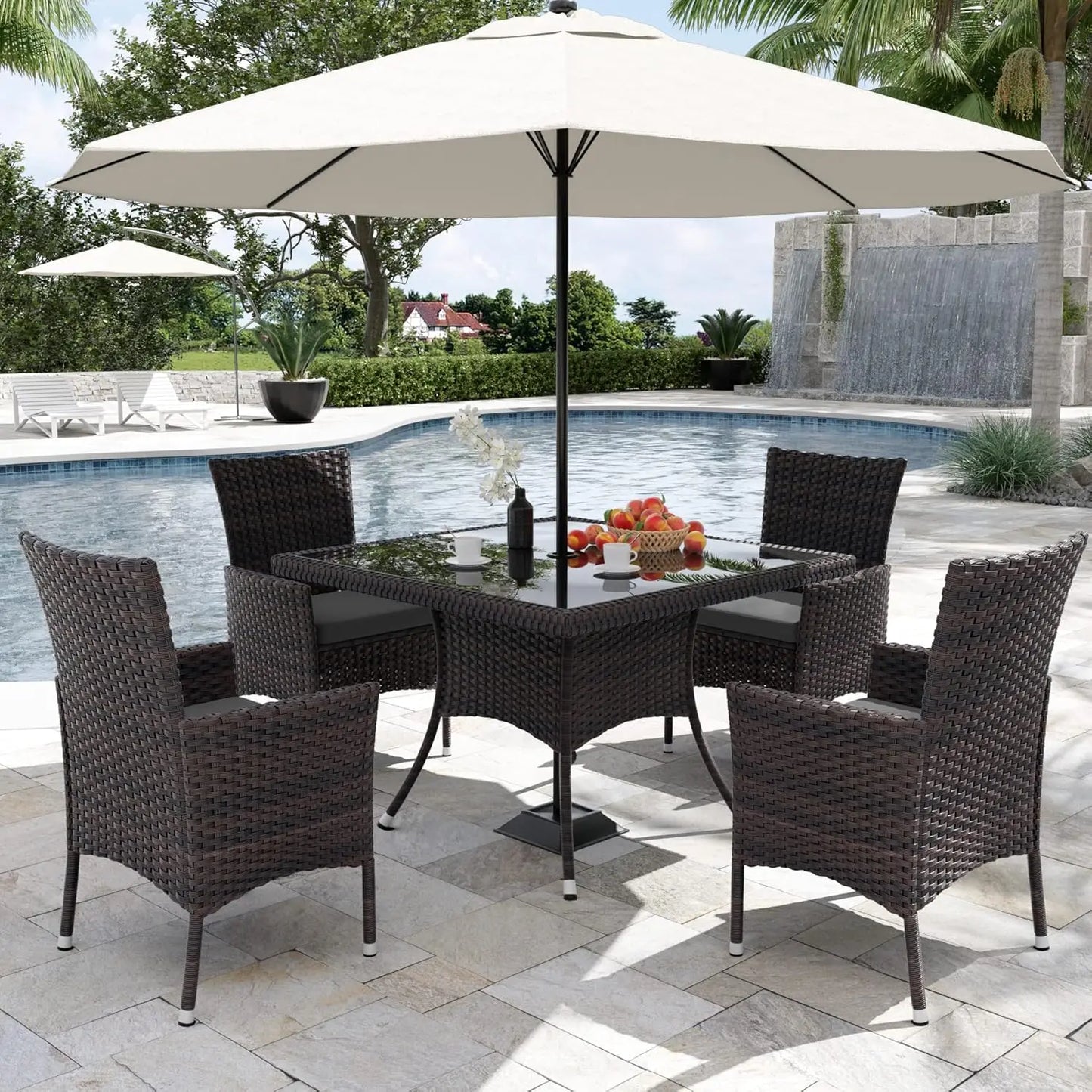 15-Piece Rattan Outdoor Dining Set Square Tempered Glass Table w Umbrella Hole & 12 Chairs Grey Customized