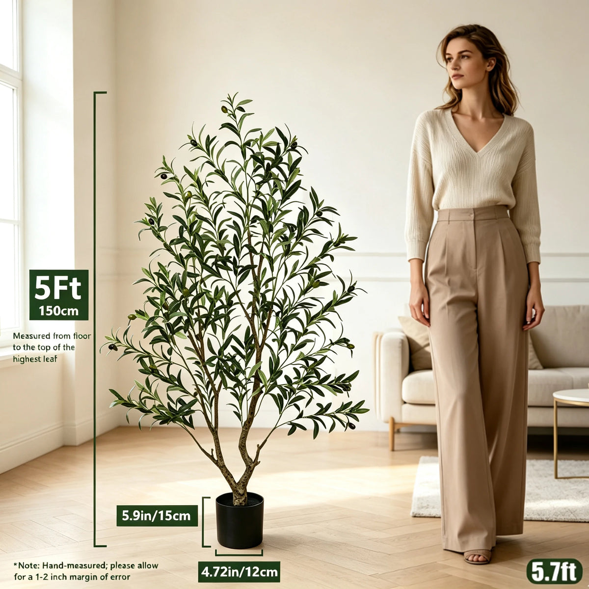 5/6/7/8FT Olive Tree Artificial Indoor Faux Olive Tree in Black Pot Fluffy Artificial Plants with Natural Wood Trunk and PE Lifelike Fruits for Home Bedroom Office Decor