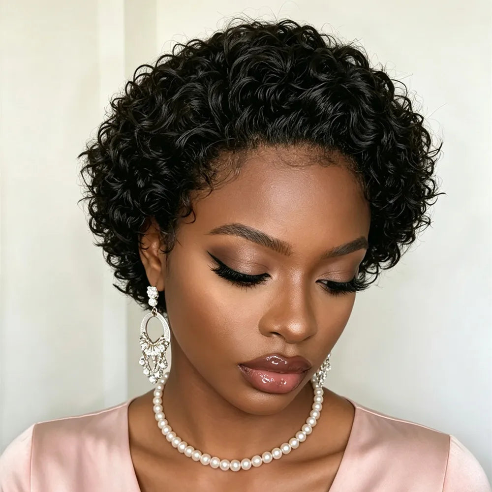 natural black color halloween gift  for women short curly wave 13x4 lace bob human hair wig pixie cut wig human hair wig