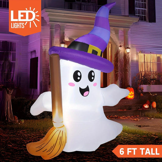 6 FT Tall LED Ghost Halloween Inflatables Outdoor Decorations Cute Blow Up Ghost Holding Broom with LED Blow Up Yard Decorations for Halloween Outdoor Yard Garden Lawn Party Decor