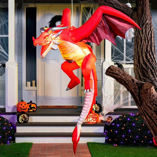 5 FT Tall Hanging Fire Dragon Halloween Inflatable Decor with Build-in LEDs Inflatable Blow Up Flying Dragon with Light for Halloween Party Indoor Outdoor Yard Garden Lawn Decorations