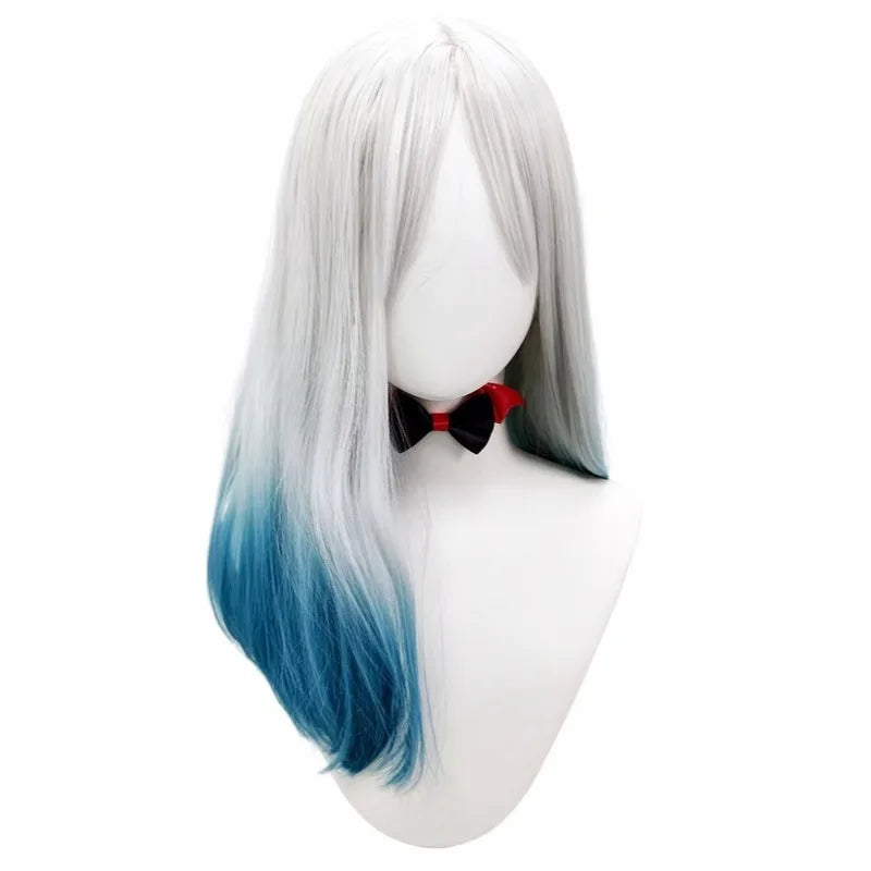 Silver White Blue Gradient Premium Synthetic Fiber Long Straight Wig Ombre Highlights Middle Part Bangs Layered Inner Curl Tips Heat Resistant Adjustable Cap for Women Girls Anime Cosplay Party Halloween Costume Role Play Sta
