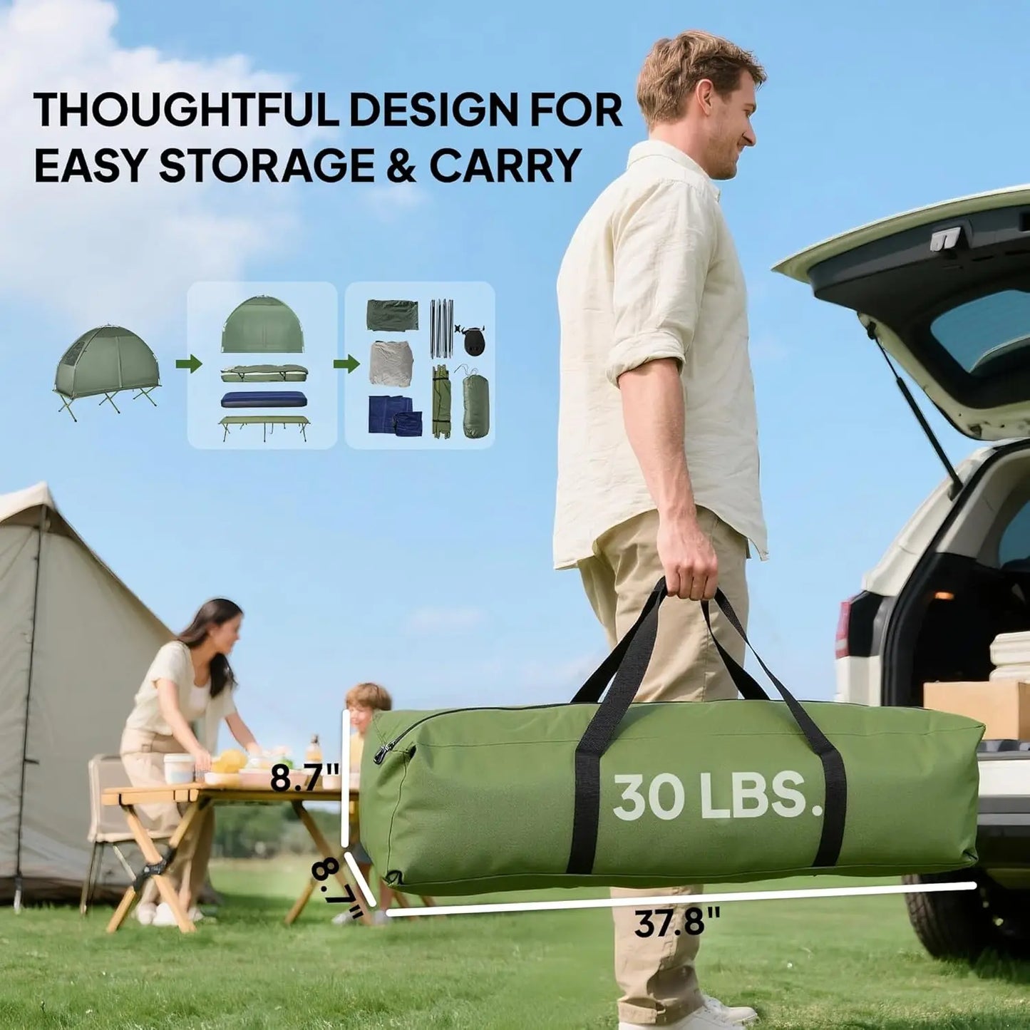 6-in-1 Folding Camp Tent Cot with Mattress, Pillow, Sleeping Bag, Bed Cover, Roller Bag - Off Ground Travel Cot for Hiking, Backpacking, Picnic