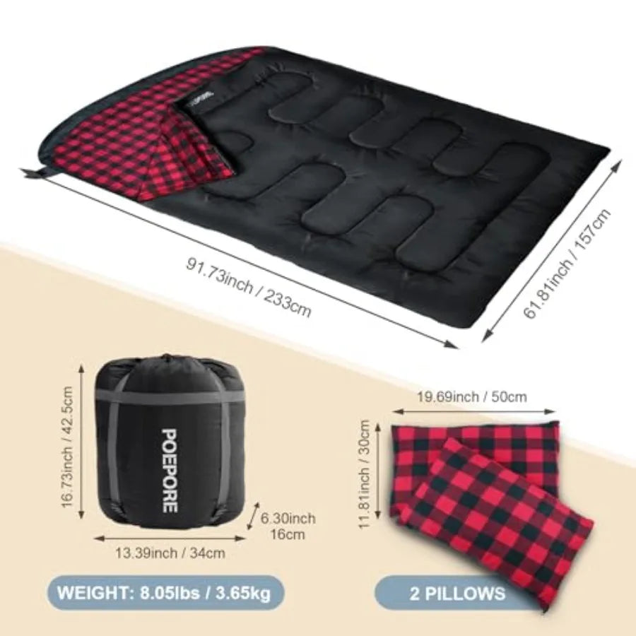 Double Sleeping Bag Flannel for Adults with 2 Pillows 2 Person Sleeping Bags Camping XXL Queen Size Two Person Sleeping Bag for