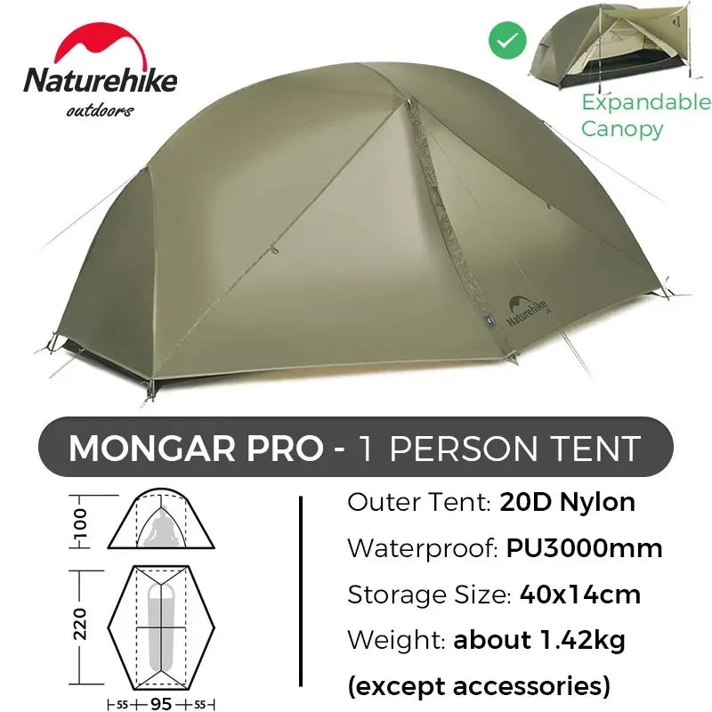 Naturehike Mongar PRO Ultralight 1/2/3 Person Tent Camping Outdoor Waterproof 20D Nylon Backpacking Travel Cycling Tent