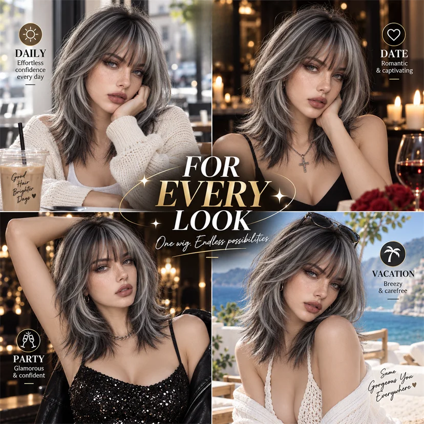TopShe 18 inch Grey Wave Synthetic Wig Curly for Woman Shoulder Length Heat-Resistant Silver-Grey Hall Wig Layered Medium Length Shaggy Hair Wig Display Costume Party Daily Wear Natural Ash Grey Salt and Pepper Hairpiece Feat