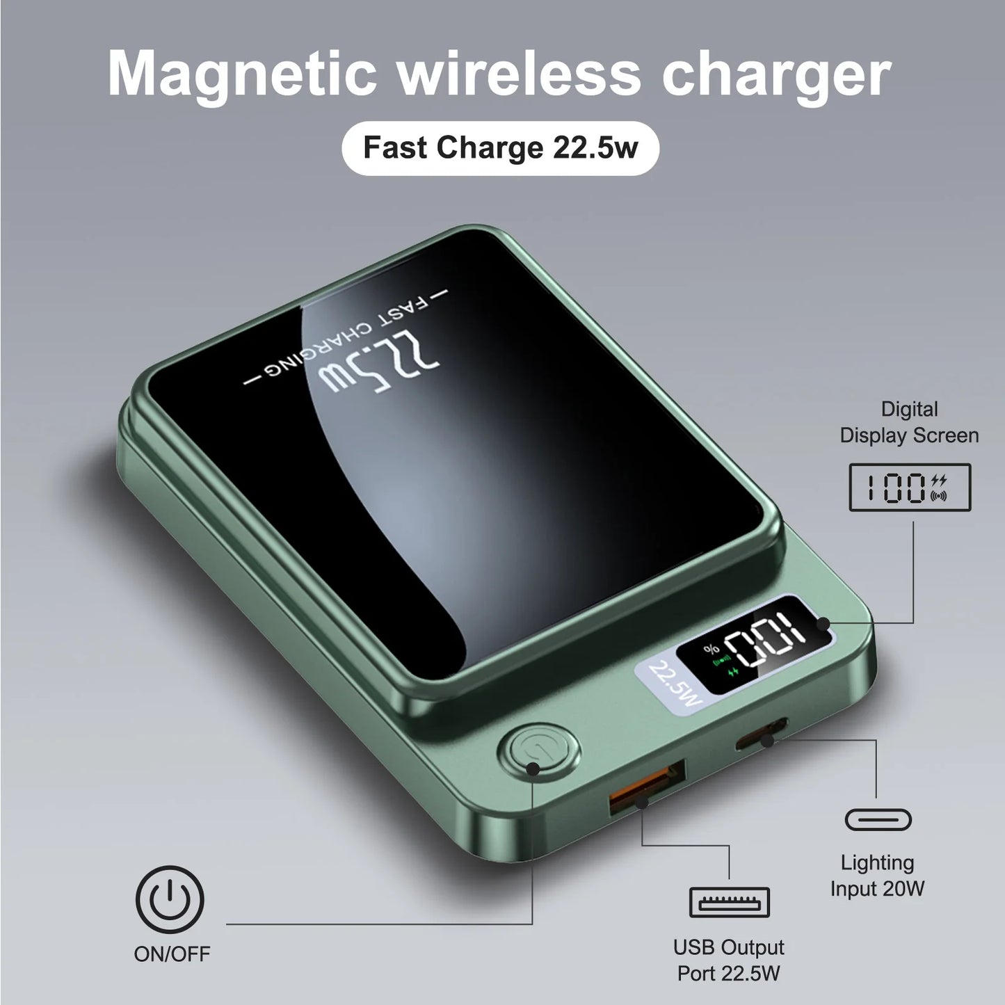 2-in-1 Wireless Magnetic Power Bank Fast Charging Portable PD 22.5W 10000mAh LED Power Display for iPhone 17/16/15/14 Samsung