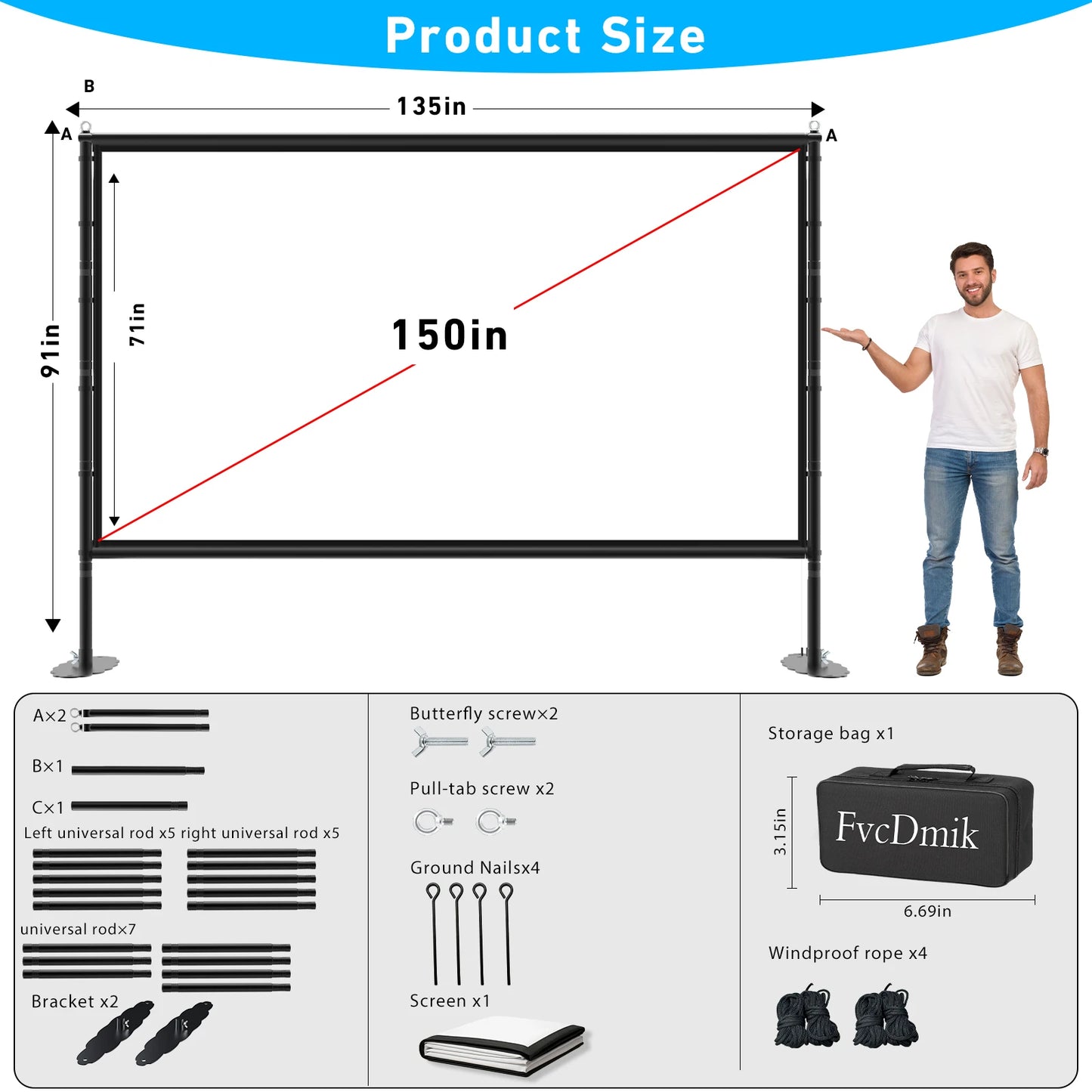 150 inch Projector Screen with Stand for Sports events & Football Match, 16:9 4K HD Portable Outdoor Movie Screen, Wrinkle-Free Foldable Indoor Projection Screen with Carry Bag & Ground Nails for Backyard Cinema Home Theater