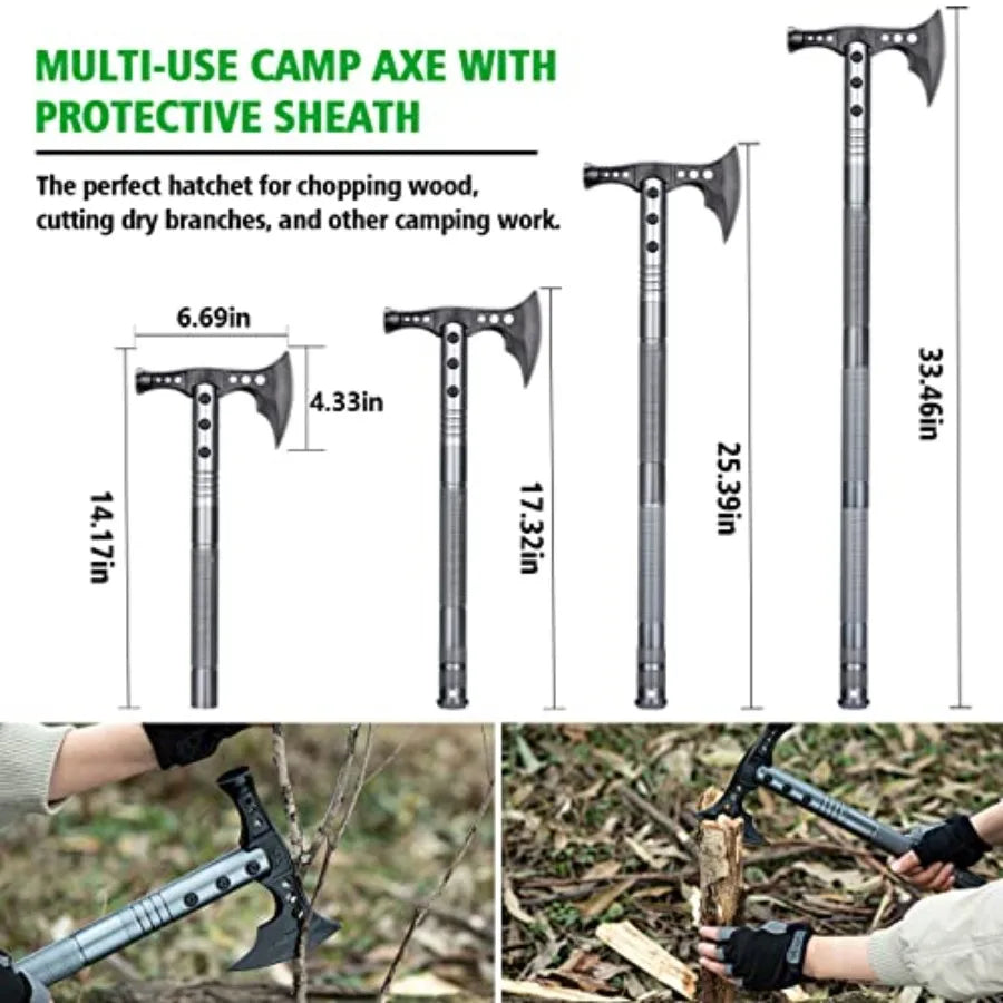 Multifunctional Folding Tactical Shovel Hatchet Combo with Axe Flashlight and Extension Handles in Black for Camping Cycling Hiking
