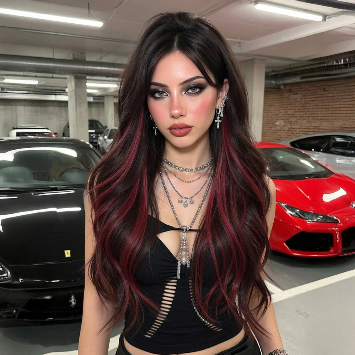 Halloween Wig 26-Inch Long Wavy Synthetic Wig Black and Blue Highlights Heat Resistant Wig for Women Black Wig with Blue Highlights Chemical Fiber Hair with Bangs Face Framing Cosplay Costume Party Goth Anime Daily Wear Soft