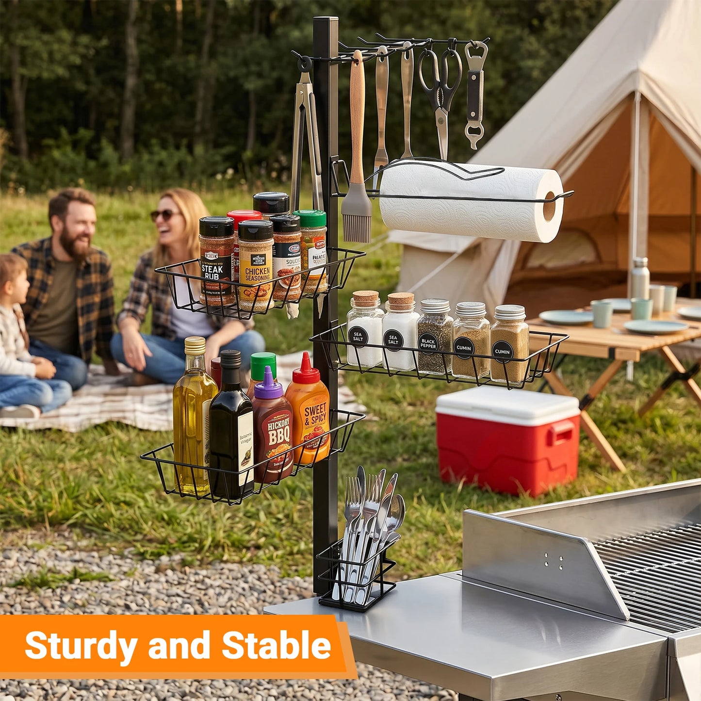 Griddle Stand Grill Rack with Towel Holder 3 Condiment Bins Utensil Hooks Stainless Steel BBQ Organizer for Outdoor Camping Kitchen