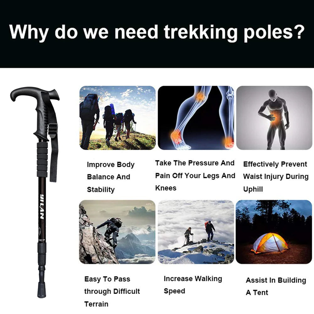 Ultralight hiking poles with shock absorption and quick-locking system, made of aluminum alloy, suitable for outdoor mountaineering, hiking, trekking, backpacking, and camping.