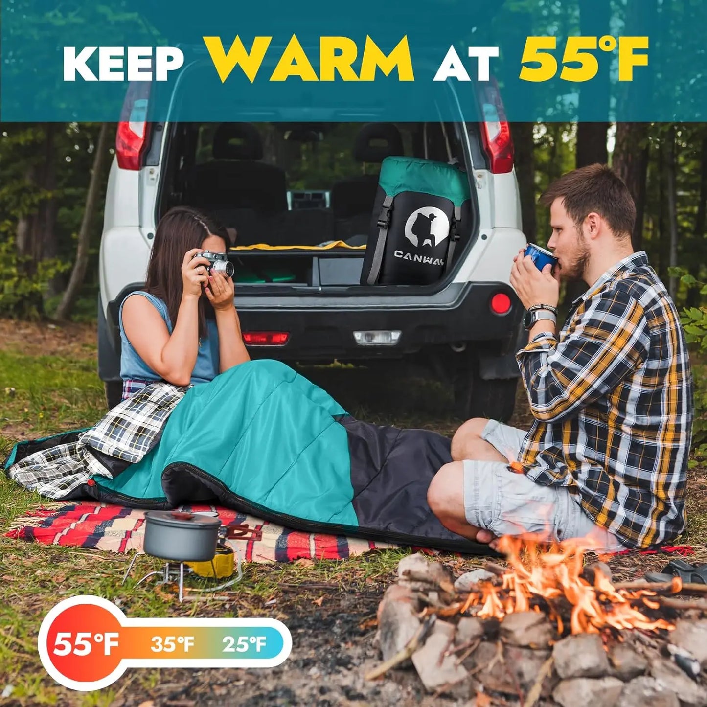 Flannel Sleeping Bag for Adults Kids, Camping Backpacking in Cold & Warm Weather with Compression Sack