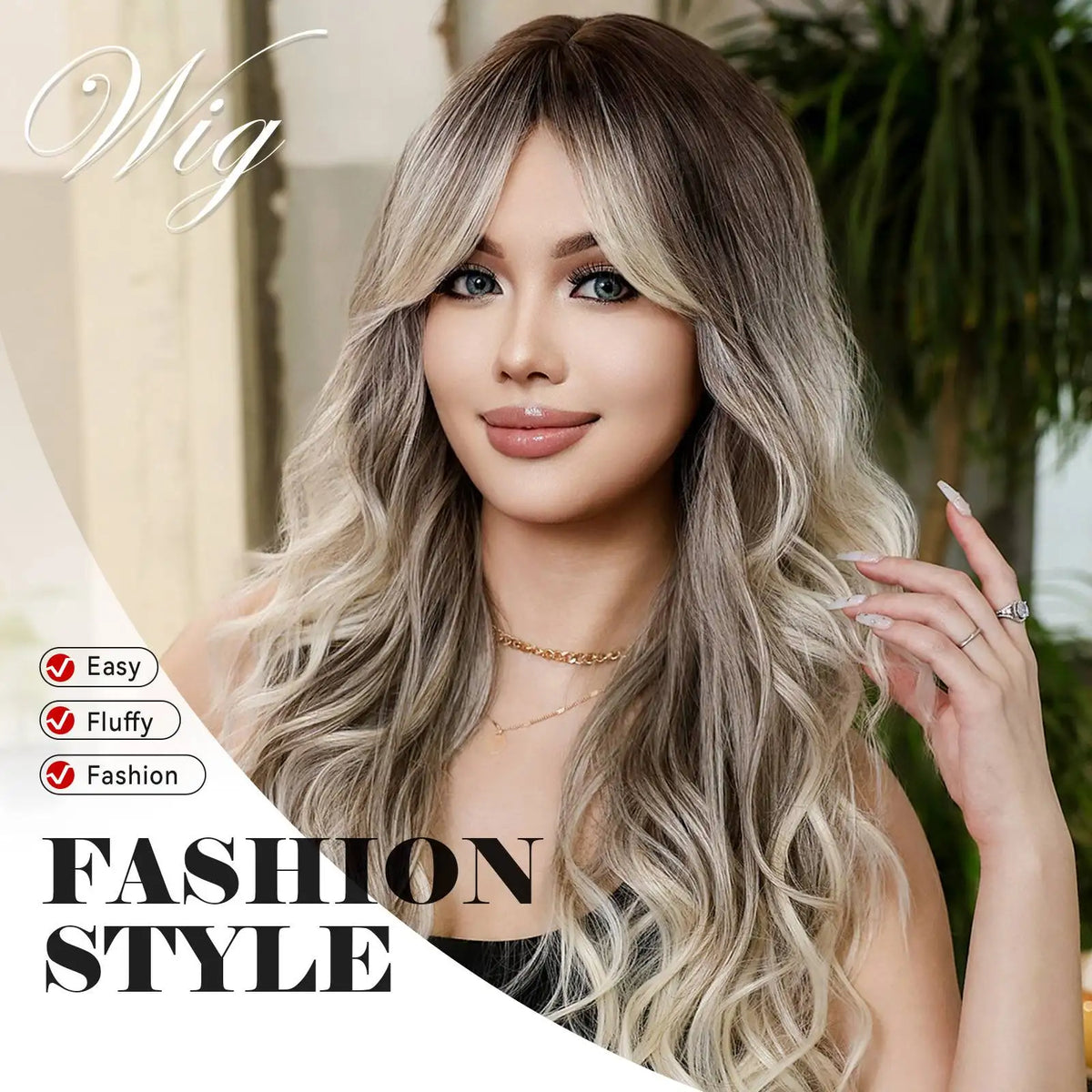 Halloween Wig TopShe Long Ombre Grey Ash Blonde Wavy Curly Synthetic Wig with Bangs Dark Roots Silver Blonde Heat Resistant Hair Wigs for Women Cosplay Costume Party Daily Wear Natural Looking Soft Full Hairpieces Fancy Dress