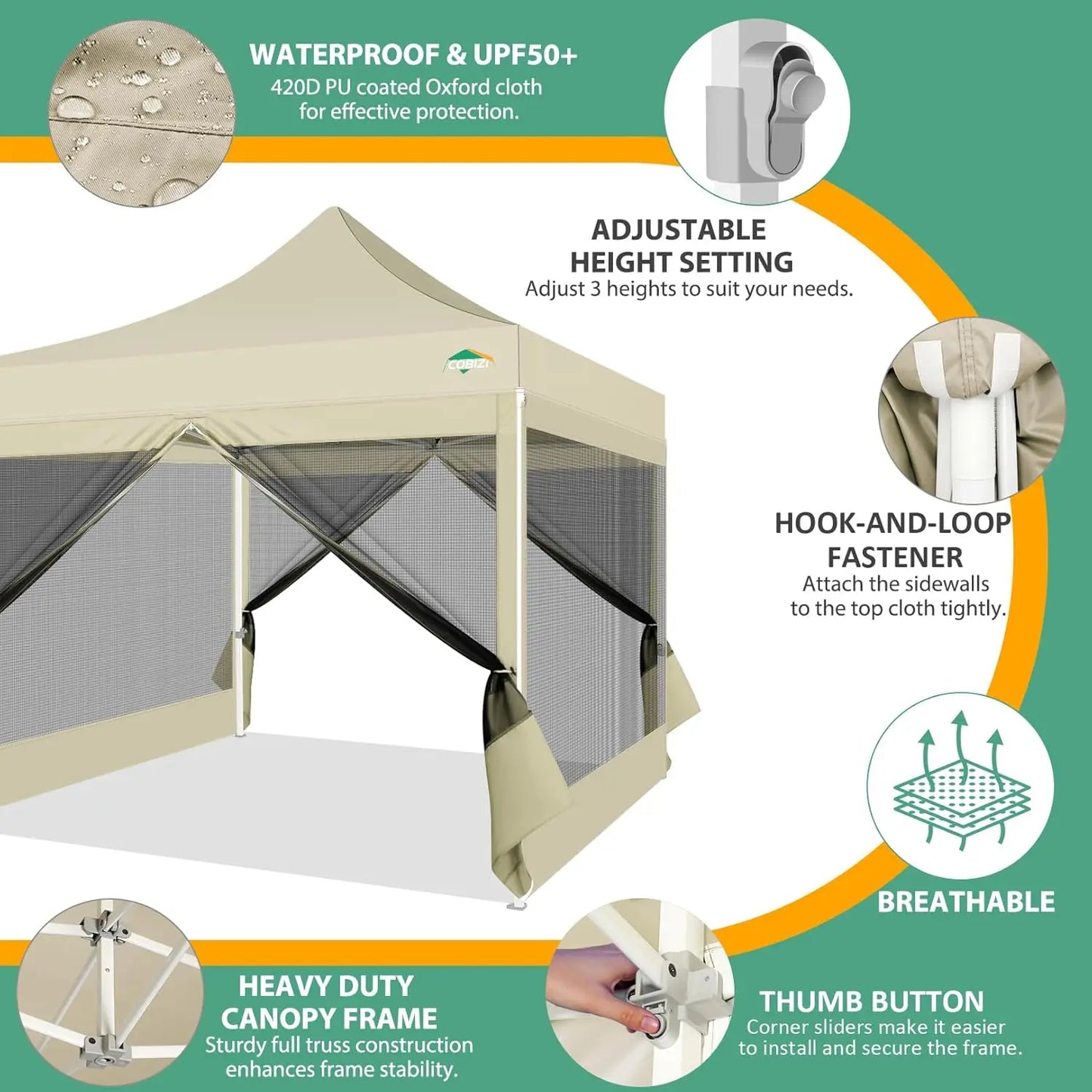 10x10 Heavy Duty Pop Up Canopy Tent with 4 Sidewalls Mosquito Netting Screen for Outdoor Camping Party Wedding Khaki,Custom