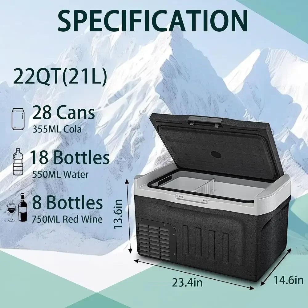 12 Rerigerator, 22QT(21L) Compror Electric Cooler, Car ridge -4℉~68℉, Portable Rerigerator 12V/24V DC 110-240V AC, Compact reeze