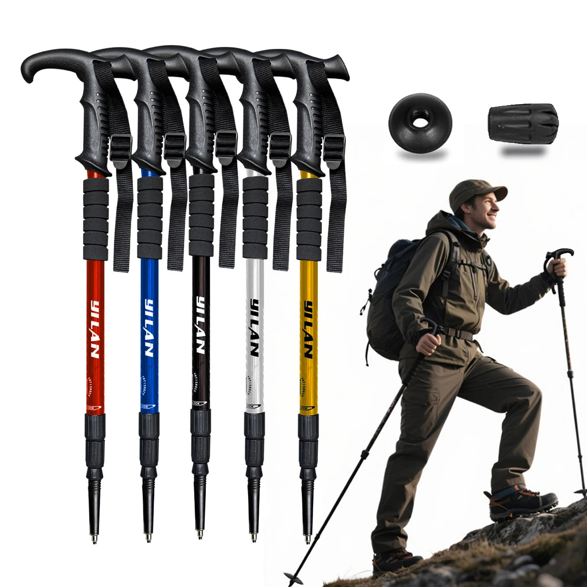 Ultralight hiking poles with shock absorption and quick-locking system, made of aluminum alloy, suitable for outdoor mountaineering, hiking, trekking, backpacking, and camping.