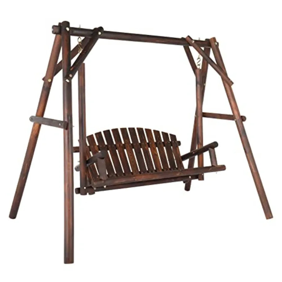 Patio Porch Swing Set 67in Wood Log Swing Stand with Bench Loveseat Stable A-Frame for Patio Backyard Deck Carbonized