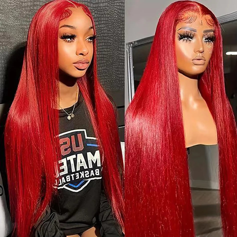 Hot Red 13x6 HD Lace Frontal Human Hair Wigs Malaysian Colored  Human hair Wigs Straight Lace Frontal Wig Bright Red Transparent Lace Wigs For Women