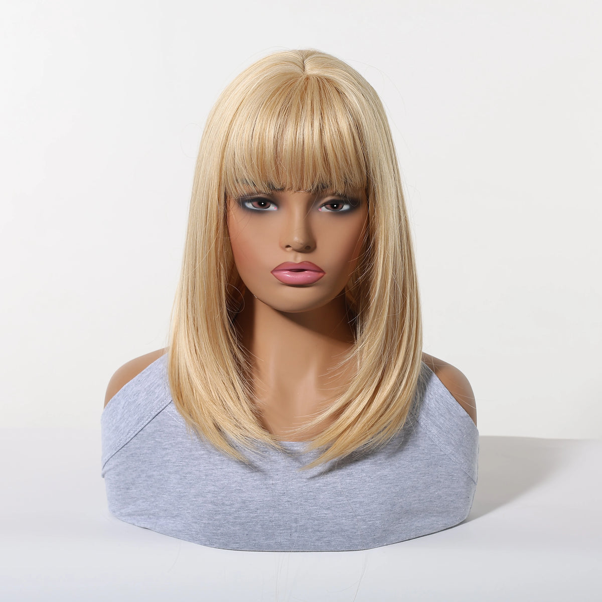 Halloween Wig TopShe Long Straight Golden Blonde Wig Synthetic Wig Heat Resistant Fiber Bob Wig with Bangs 14 Inch or Women Simulation Scalp Soft Full Fringe Natural Looking Hair Cosplay Party Daily Wear 170g