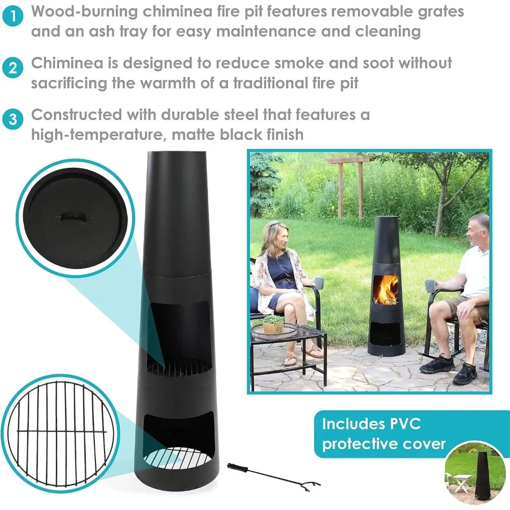 Chiminea Outdoor Fireplace - Chiminea Fire Pit with Poker and Cover - Outdoor Wood-Burning Fire Pit - Black Customized