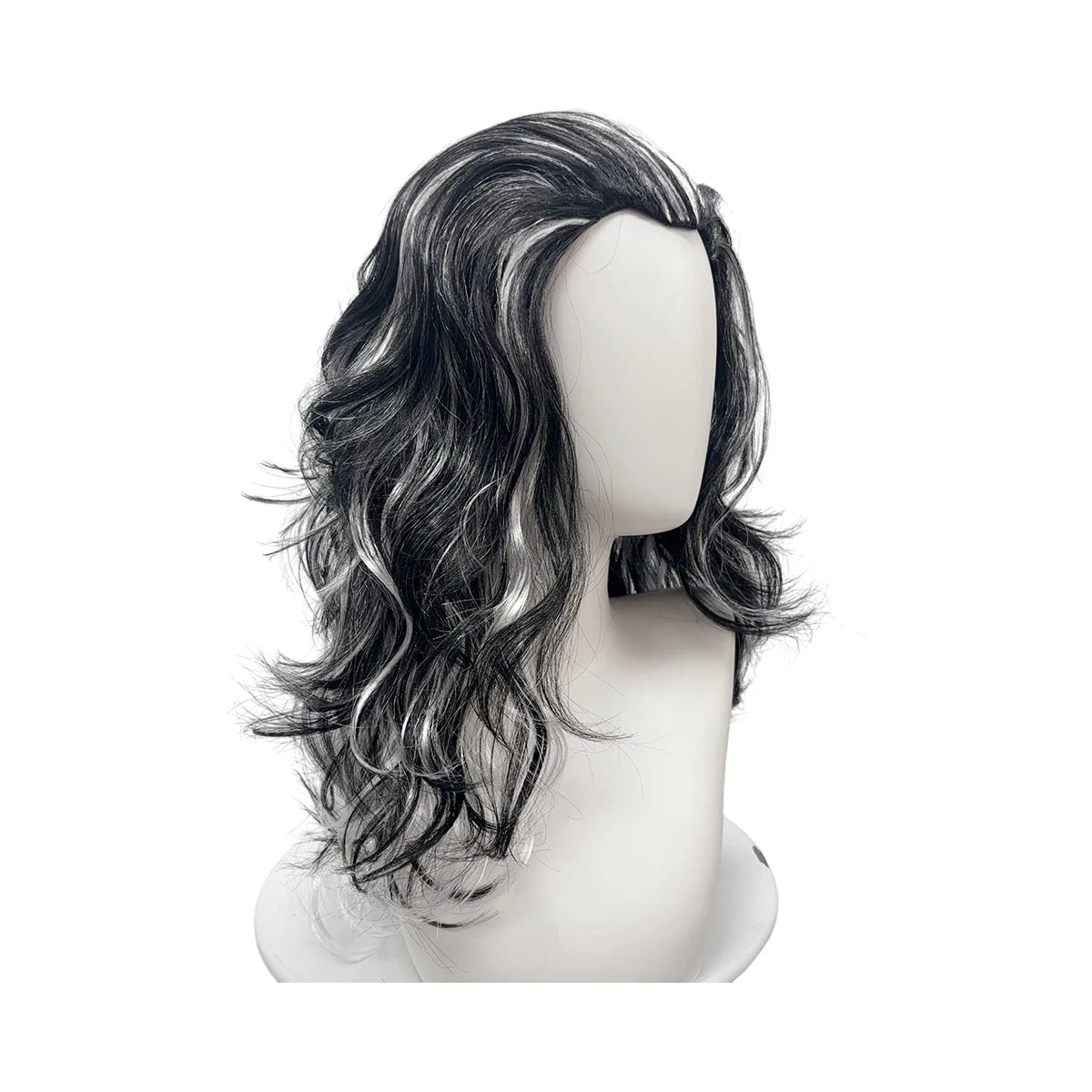 Black Silver White Highlights Premium Synthetic Fiber Long Curly Wig Big Waves Fluffy Voluminous Messy Layered Hair with Bangs Side Part Heat Resistant Adjustable Cap for  Cosplay Party Halloween Costume Role Play Stage Show