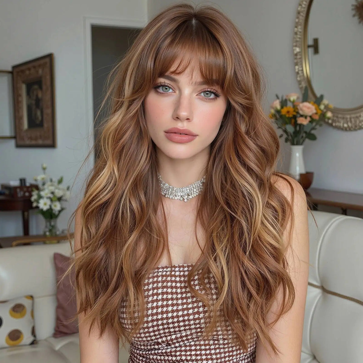 TopShe Long Wave Ginger Wig for Woman Copper Brown Synthetic Wig Rust Brown Heat Resistant Fiber with Layered Comfortable Breathable Suitable for Daily Gatherings Female Role-Playing Wig Hairstyles Halloween Wig