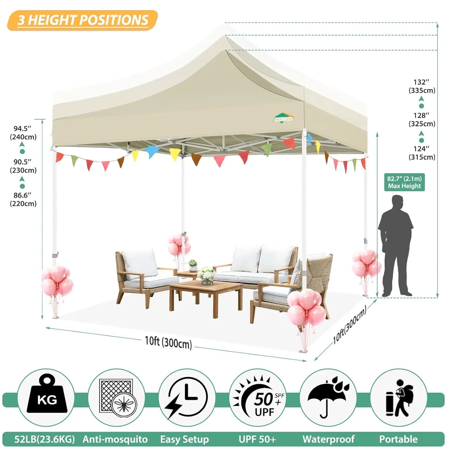 10x10 Heavy Duty Pop Up Canopy Tent with 4 Sidewalls Mosquito Netting Screen for Outdoor Camping Party Wedding Khaki,Custom