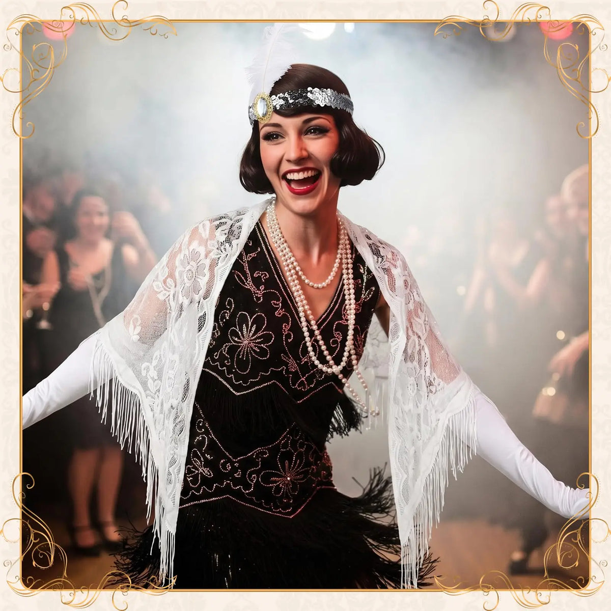 8PCS Flapper Accessories Set for Women, Roaring 20's Costume Set 1920s Flapper Kit Shawl Headband Gloves, Lace Stretch Fabric, Retro 20s Theme Accessories for Halloween Party Cosplay