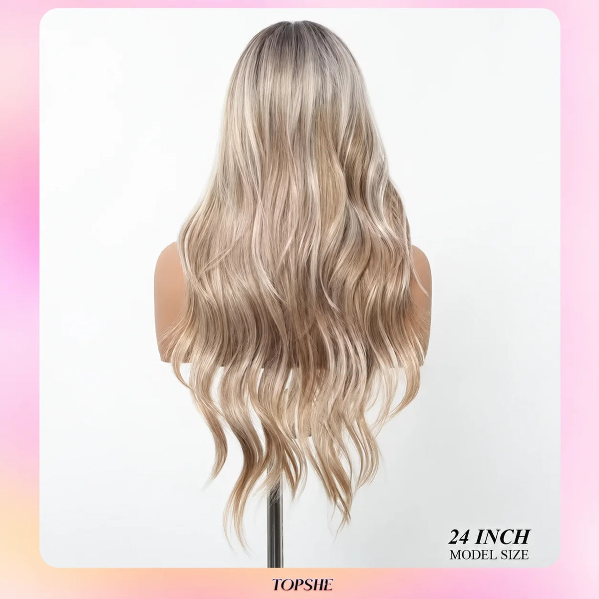 TOPSHE 24 Inch Long Wavy Synthetic Wig with Bangs Ombre Ash Blonde Highlight Dark Root Heat Resistant Fiber Hair Wigs for Women Girls Halloween Costume Party Daily Cosplay Natural Realistic Soft Silky Full Wig