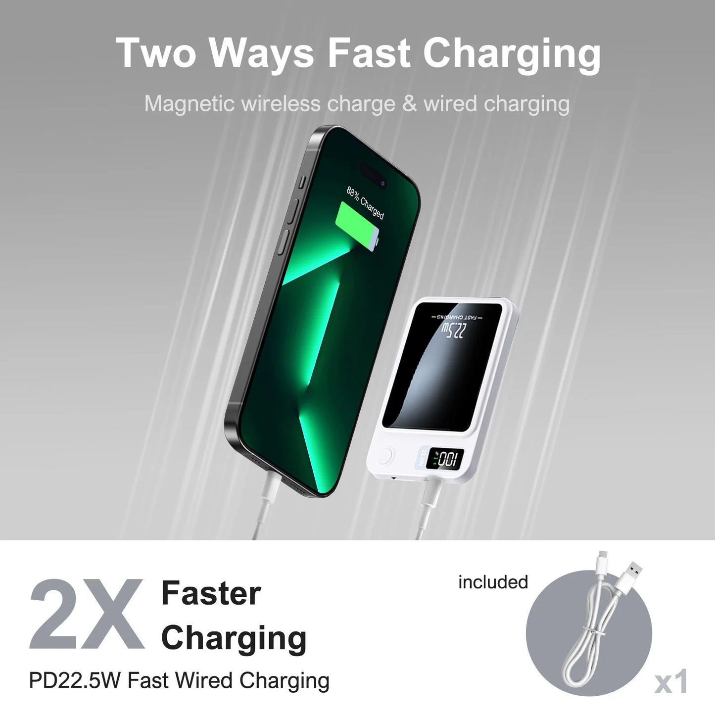 2-in-1 Wireless Magnetic Power Bank Fast Charging Portable PD 22.5W 10000mAh LED Power Display for iPhone 17/16/15/14 Samsung