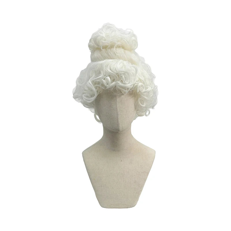 Pure White Premium Synthetic Fiber Rococo Baroque Wig Tight Curls Ringlets Fluffy Voluminous Updo with Top Bun Heat Resistant Adjustable Cap for Women Cosplay Party Halloween Costume Role Play Stage Show Photo Shoot
