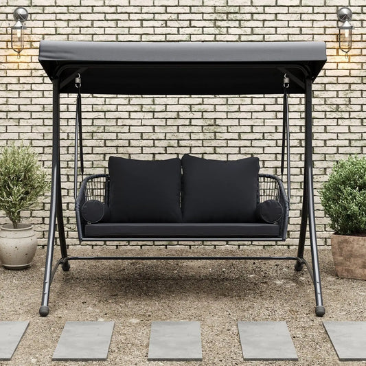 Ramona Premium Patio Swing with Canopy Stand - Black Outdoor Canopy Swing with Cushions, Customized