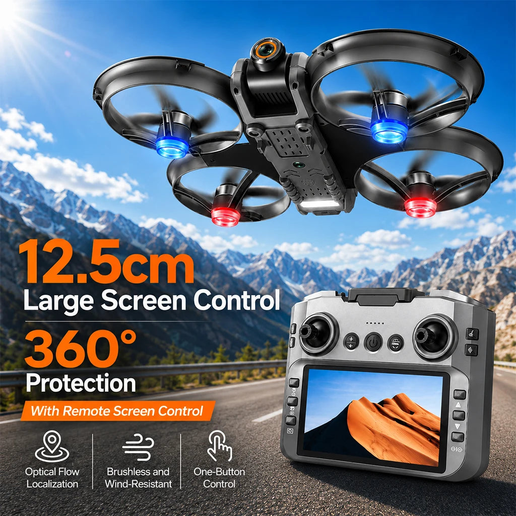 ZNLYRION S156 RC Drone 8K Dual Camera Quadcopter with 5.9-inch Screen Remote Brushless Motor Optical Flow Hovering 360° Protection WiFi FPV Remote Control Aircraft with Storage Bag 1 Battery