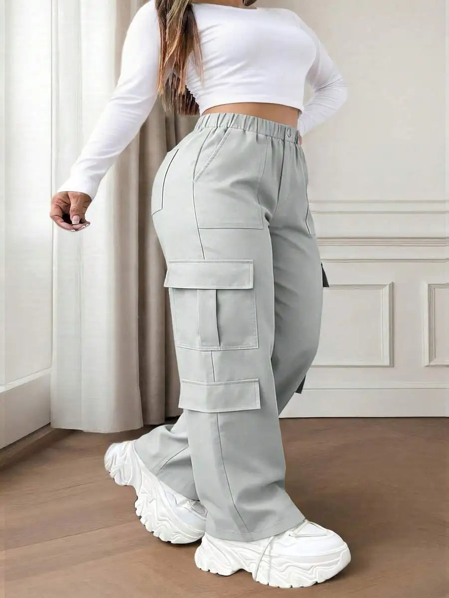 Olive Green Button Pocket Elegant Casual Commute Minimalist Cute Y2K Loose Straight Leg Non-Stretch Lightweight Plus Size Cargo