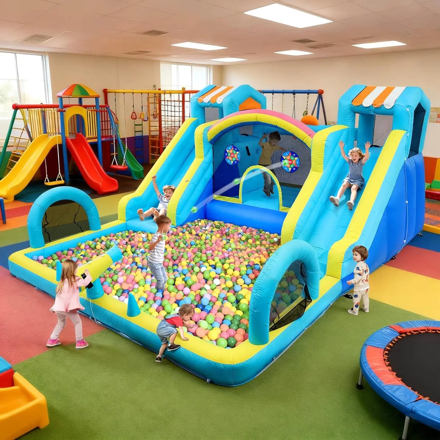 Double Water Slide Inflatable Bounce House for Kids,Premium Oxford Bouncy Castle with Blower,Play Center for Backyard Family Fun