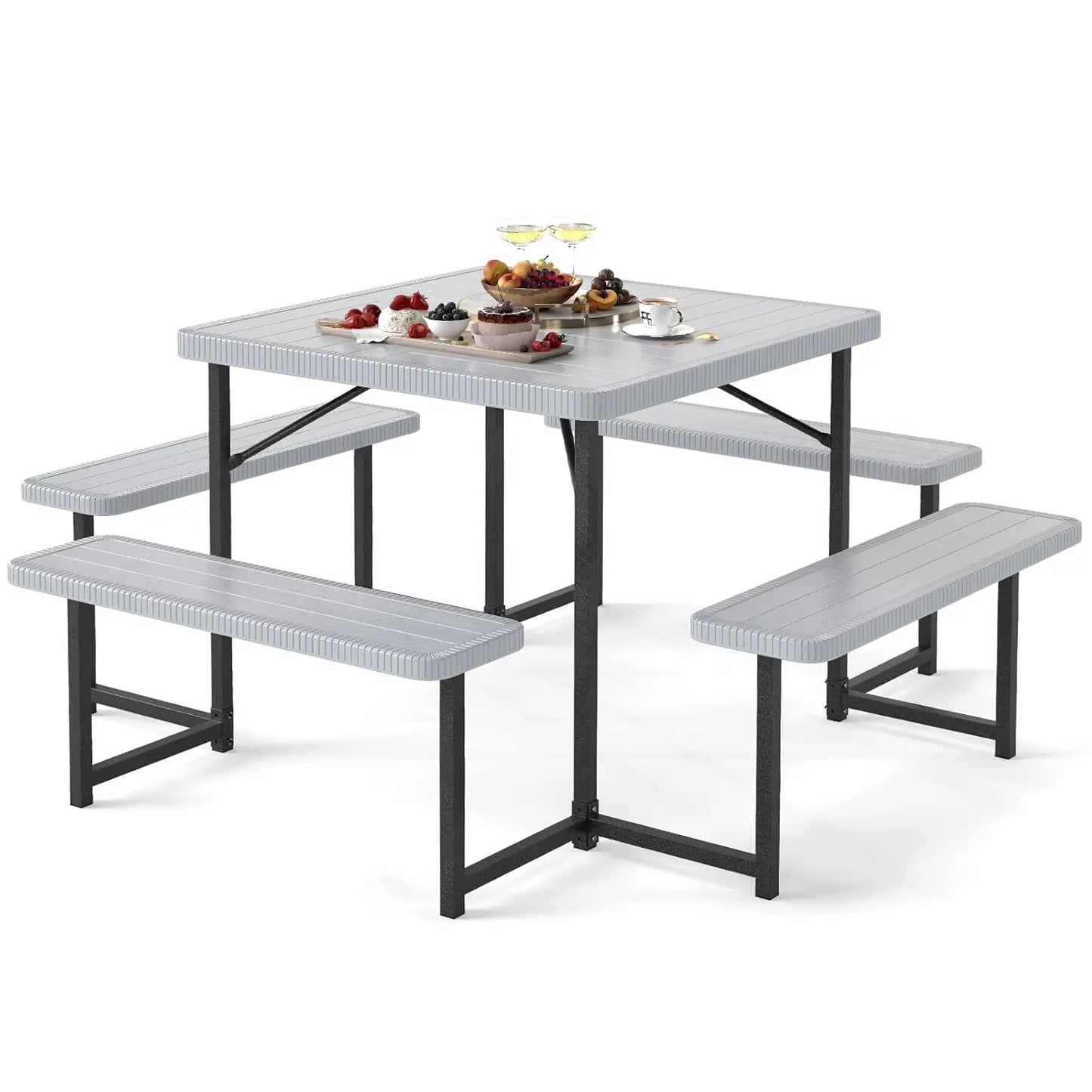 Picnic Table Bench Set for 4-8 People, 34" Outdoor Square Dining Table & 2 Benches W/Umbrella Hole, Customized
