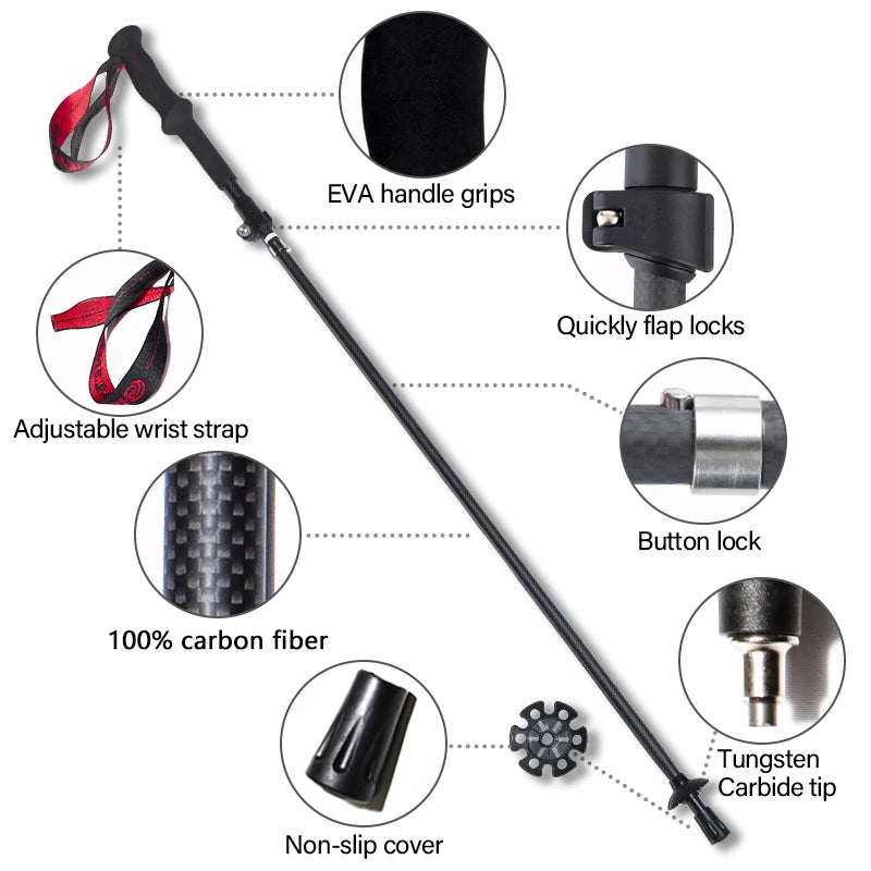 Ultralight Carbon Fiber Trekking Poles Outdoor Hiking Cane Folding Telescopic Nordic Mountain Climbing Pole Walking Stick