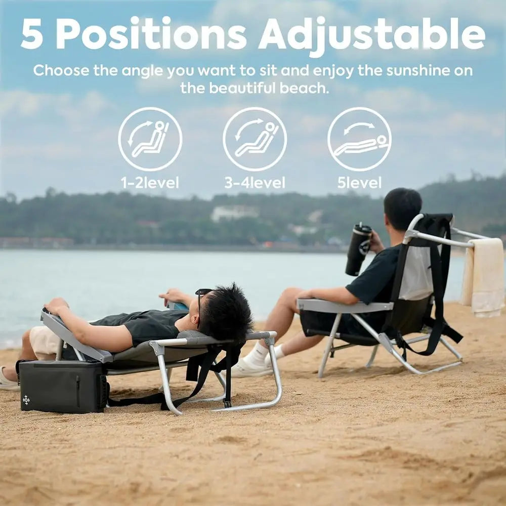 Portable Heavy-Duty Reclining Beach Chairs for Adults, 5 Positions, with Cup Holder, Suitable for Camping and Outdoors, Supports