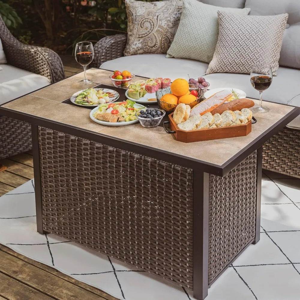 Nuu Garden Outdoor 43" 50,000 BTU Propane Gas Fire Pit Table, Ceramic Tabletop and Rattan Weaved Iron Frame, Water-Proof Oxford