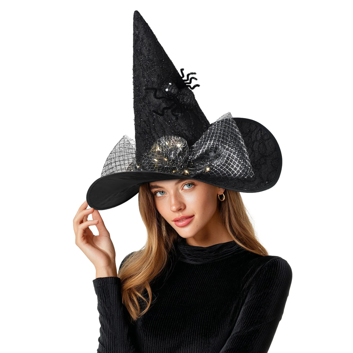 Women Halloween Witch Hat, 6 Styles Black Orange Purple Pointed Witch Hats with Spider Web Lace, Flower, Feather and LED Light Decor, Halloween Party Cosplay Costume Accessory