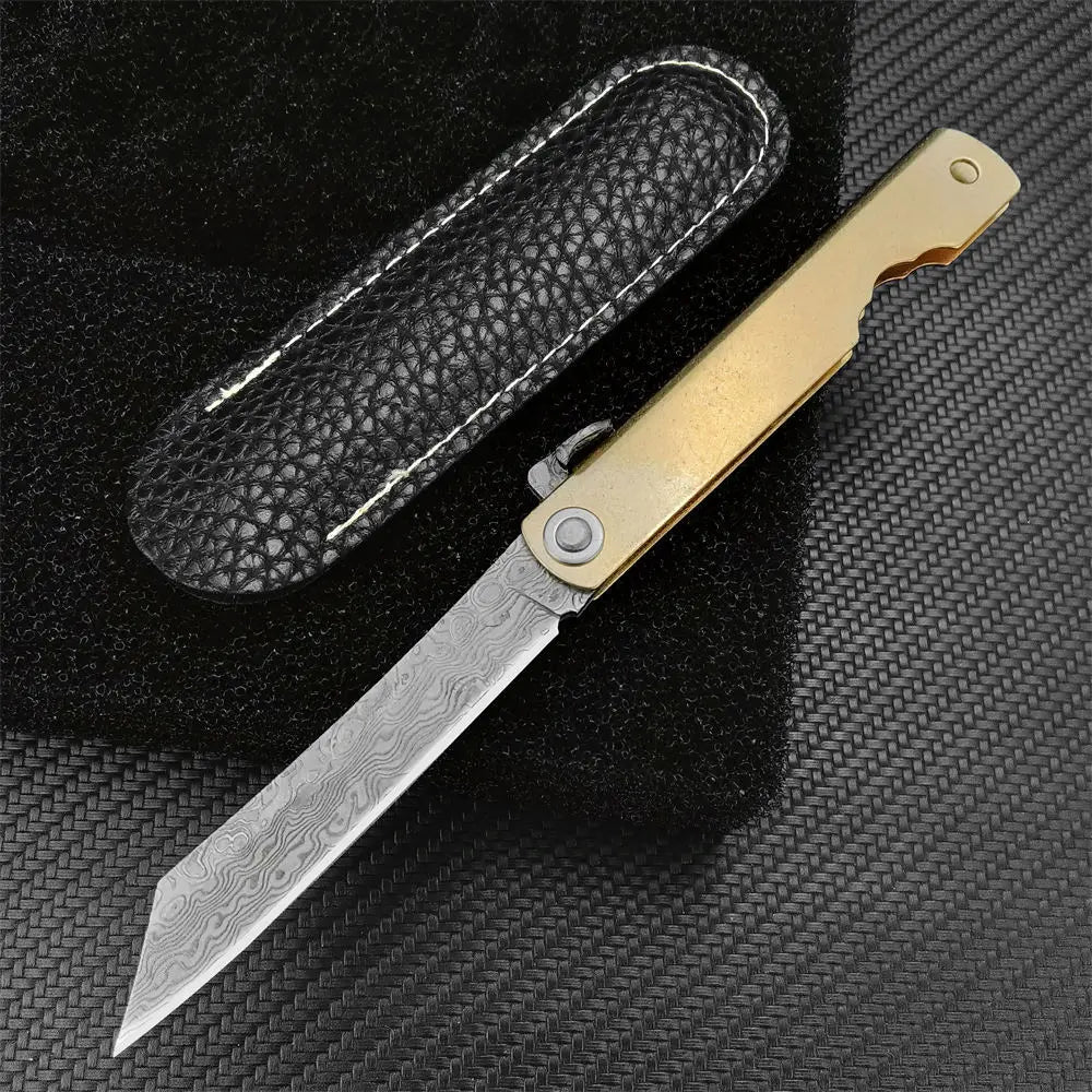 TOP Damascus Steel Blade Outdoor Pocket Knife Brass Alloy Handle and PU Leather Sheath High-Quality Outdoor Camping Cutting Tool