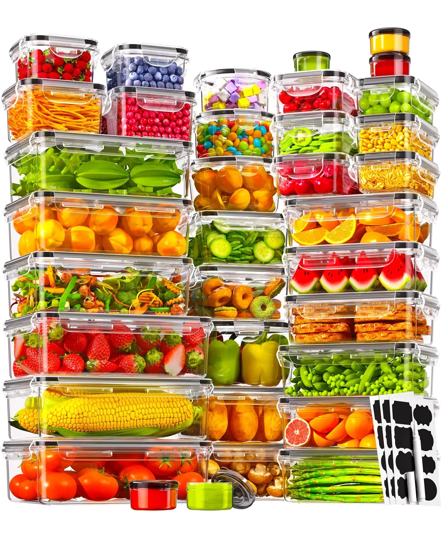 KEMETHY 70 PCS Food Storage Containers with Lids(35 Containers & 35 Lids), BPA-Free Plastic Food Containers for Kitchen Storage, Leak Proof, Reusable Meal Prep Containers with Labels & Pen