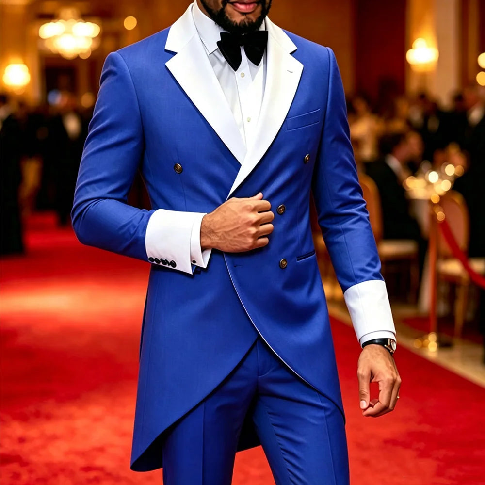 Men Tailcoat Suit 2 Pieces Double Breasted Brown Tuxedo White Contrast Lapel Cuff Groom Wedding Formal Evening Party Jacket Pants