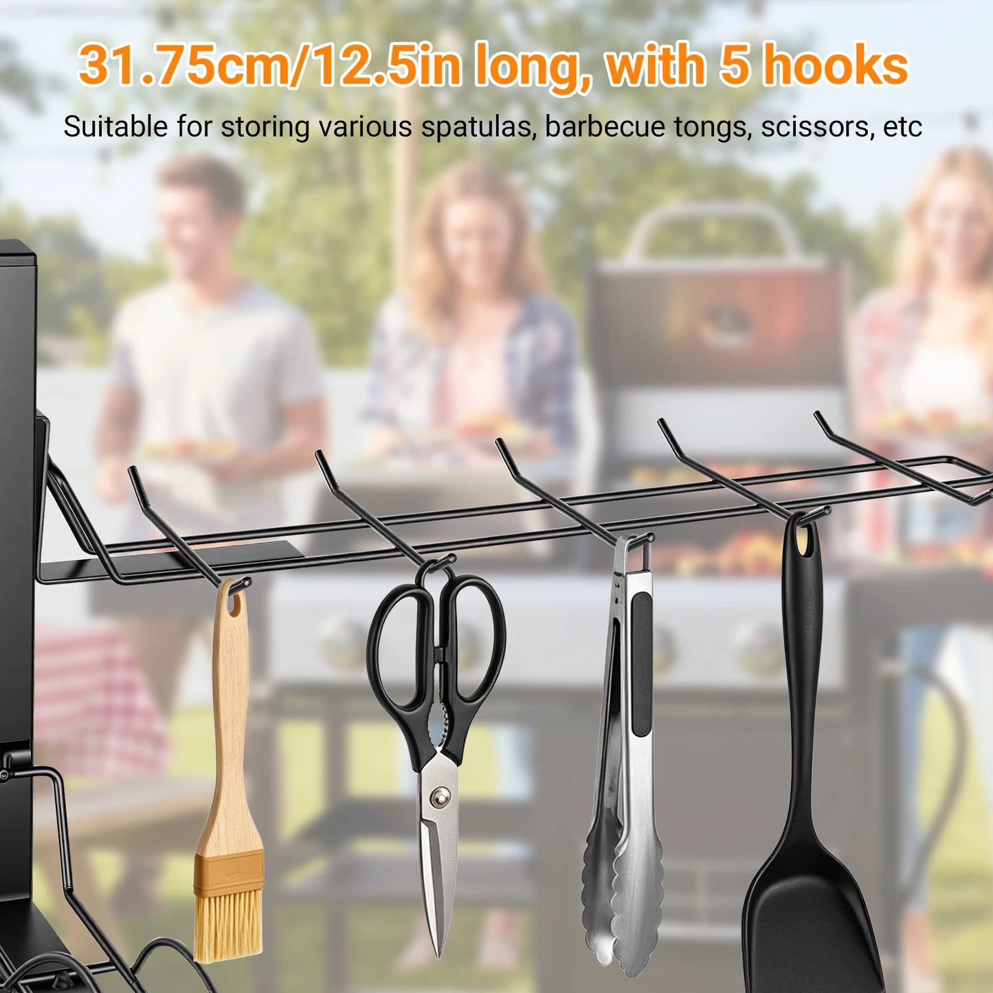 Griddle Stand Grill Rack with Towel Holder 3 Condiment Bins Utensil Hooks Stainless Steel BBQ Organizer for Outdoor Camping Kitchen
