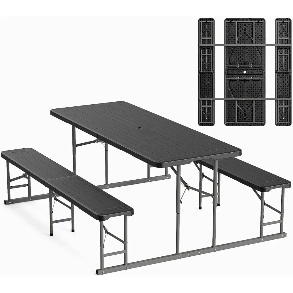 Folding Picnic Table and Bench Set, Portable Outdoor Dining Furniture for Camping, Patio, Backyard, Wood Grain Plastic